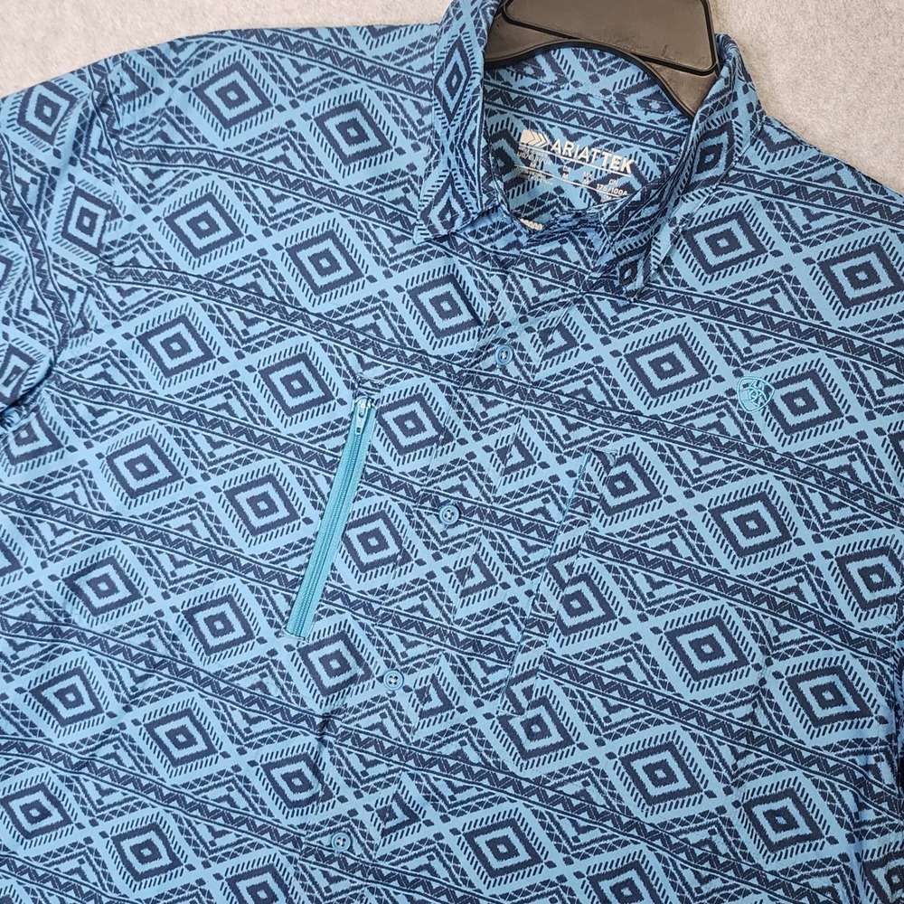 Ariat Shirt Mens Medium Blue Geometric Aztec Performance Short Sleeve Western